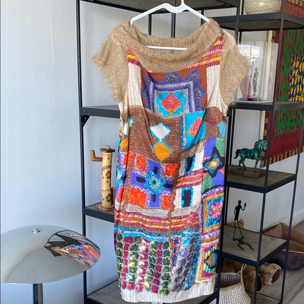 Orange and Blue Sleeveless Mini Dress with Cowl Neck